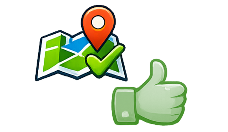 Standortmarkierung auf einer Karte mit einem Daumen hoch.