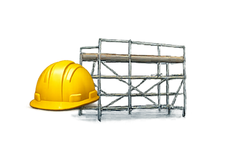 Gelbes Bauhelm neben einem Gerüst aus Metall und Holz.
