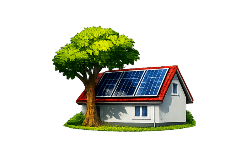 Ein Haus mit Solarpanelen im Halbschatten.