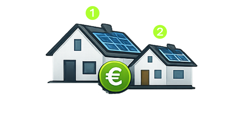 Zwei Häuser mit Solarpanelen, eines größer