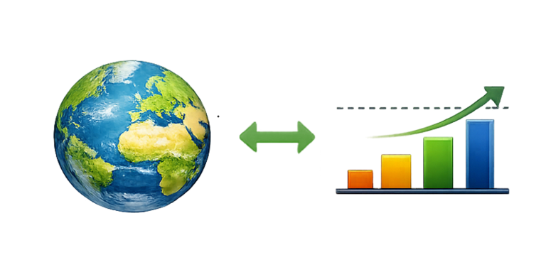 Weltkugel neben einem steigenden grafischen Diagramm in drei Farben.