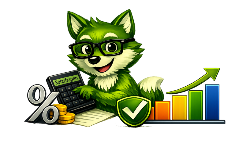 Solarfuchs mit Taschenrechner und Renditeberechnung