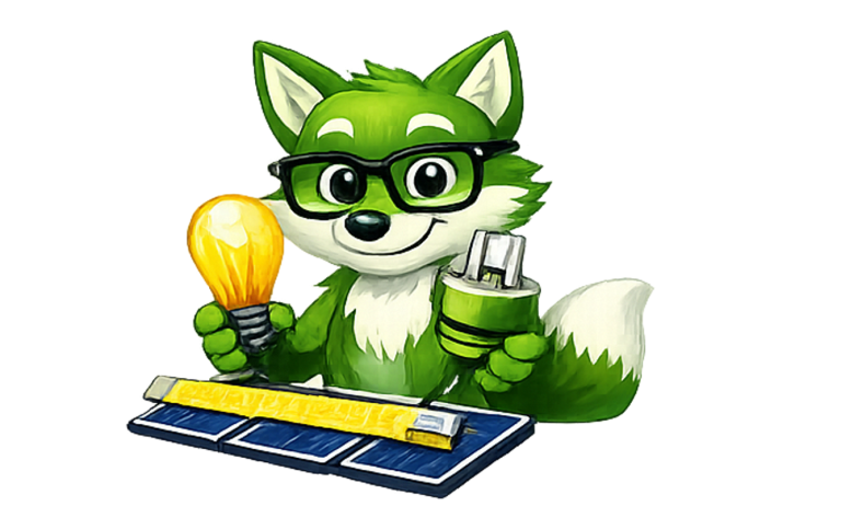 Solarfuchs mit PV Modulen, Zollstock und Stromverbrauchern