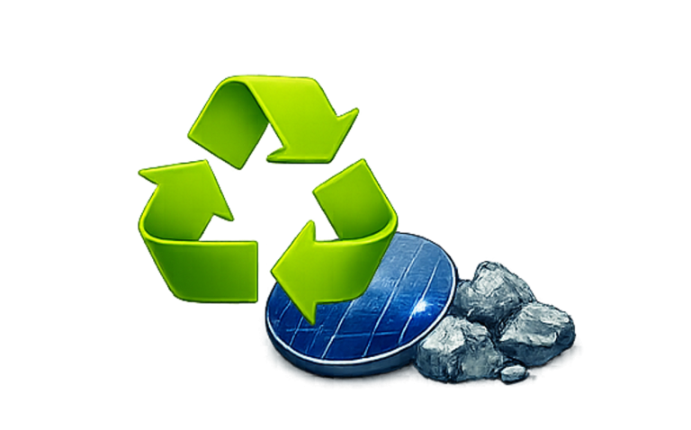 Grüne Recycling-Symbole über Solarzellen und Rohstoffen