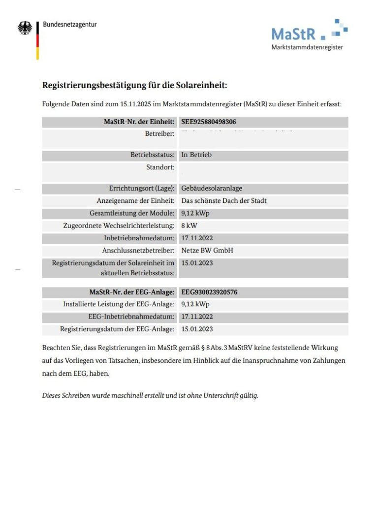 Beispiel für eine Registrierungsbestätigung