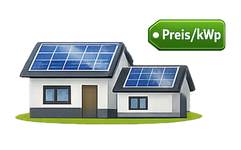 Haus mit Solarpanelen auf dem Dach und einem Preisschild für kWp.